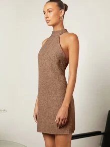 SHEIN BAE 露背繞頸亚麻洋裝 - 摩卡棕 - 查看 3