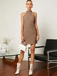 SHEIN BAE 露背繞頸亚麻洋裝 - 摩卡棕 - 查看 5