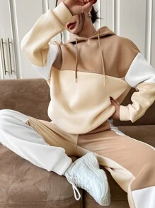 SHEIN EZwear Colorblock Drop Shoulder Drawstring Thermal Hoodie & Sweatpants - Multicolor - View 1