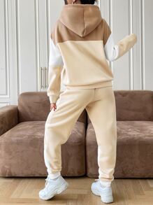 SHEIN EZwear Colorblock Drop Shoulder Drawstring Thermal Hoodie & Sweatpants - Multicolor - View 2