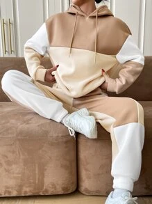SHEIN EZwear Colorblock Drop Shoulder Drawstring Thermal Hoodie & Sweatpants - Multicolor - View 4