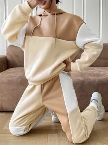 SHEIN EZwear Colorblock Drop Shoulder Drawstring Thermal Hoodie & Sweatpants - Multicolor - View 5