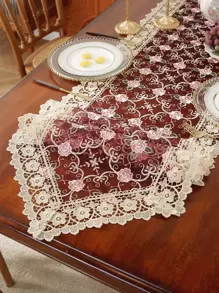 European Gauze Fabric Embroidered Contrast Lace Water Soluble Flower Table Runner With Tassels, Suitable For Kitchen, Dining, Study, Coffee Table, Dresser, Decoration, Living Room, Bedroom, Indoor/Outdoor Furniture, Picnic, Villa, Party, Cabinet, Family Gathering, Room Decor, Pink, Party & Wedding Decoration Series, Size: 1pc - Multicolor - View 1