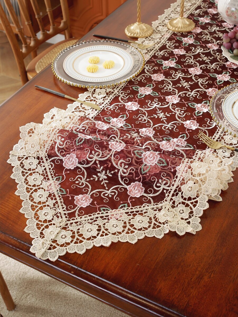 European Gauze Fabric Embroidered Contrast Lace Water Soluble Flower Table Runner With Tassels, Suitable For Kitchen, Dining, Study, Coffee Table, Dresser, Decoration, Living Room, Bedroom, Indoor/Outdoor Furniture, Picnic, Villa, Party, Cabinet, Family Gathering, Room Decor, Pink, Party & Wedding Decoration Series, Size: 1pc - Multicolor - View 1
