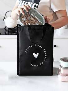 1pc Heart & Slogan Graphic Lunch Bag - Black - View 2