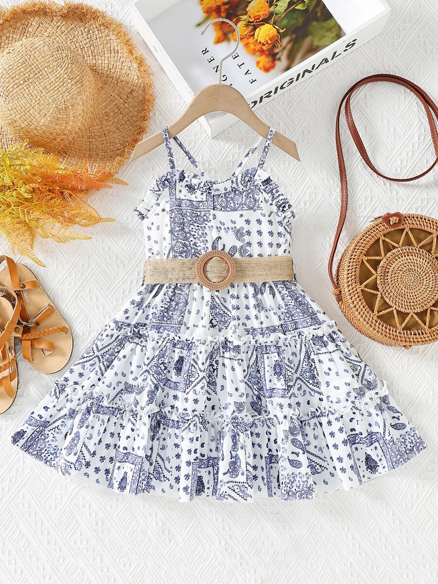 小女童佩斯利印花荷葉邊腰帶吊帶洋裝