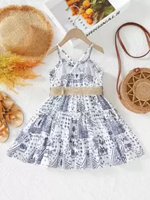 小女童佩斯利印花荷葉邊腰帶吊帶洋裝