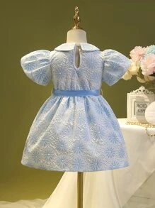 SHEIN 小女童印花彼得潘領泡泡袖繫腰帶洋裝