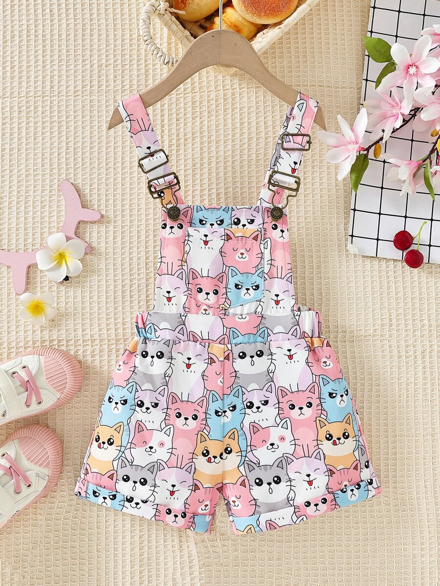 SHEIN 小女童卡通圖案背帶連體短褲 - 彩色 - 查看 1