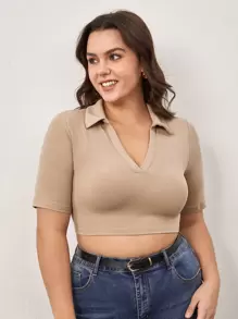 SHEIN BASICS Talla grande Cuello En V Tee Corto Y Sólido - Caqui - Ver 1