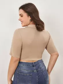 SHEIN BASICS Talla grande Cuello En V Tee Corto Y Sólido - Caqui - Ver 2