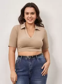 SHEIN BASICS Talla grande Cuello En V Tee Corto Y Sólido - Caqui - Ver 3