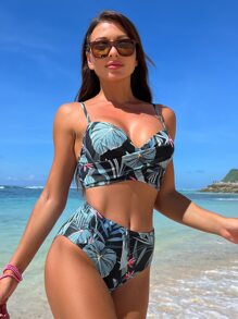 熱帶印花推擠式夏季沙灘比基尼套裝 - 彩色 - 查看 8