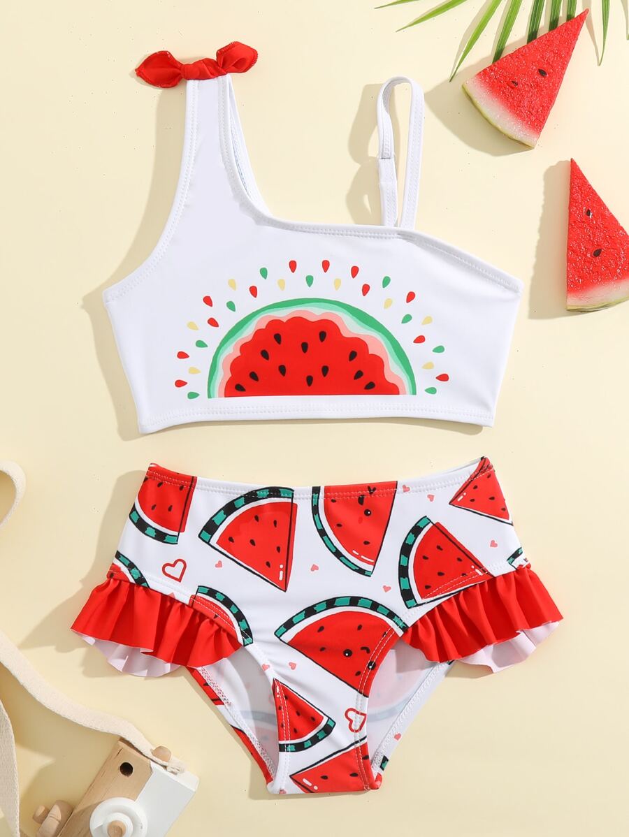 Young Girl Watermelon Print Ruffle Trim Bikini Set Summer Beach - Red and White - View 1