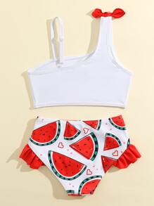 Young Girl Watermelon Print Ruffle Trim Bikini Set Summer Beach - Red and White - View 2