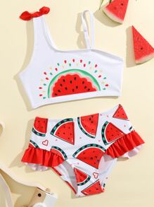 Young Girl Watermelon Print Ruffle Trim Bikini Set Summer Beach - Red and White - View 5