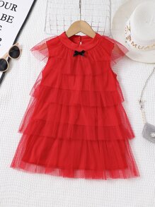 Toddler Girls Bow Front Mesh Overlay Layer Dress - Red - View 1