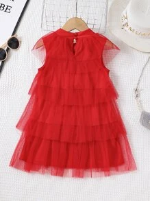 Toddler Girls Bow Front Mesh Overlay Layer Dress - Red - View 2
