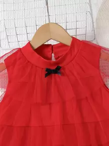 Toddler Girls Bow Front Mesh Overlay Layer Dress - Red - View 3