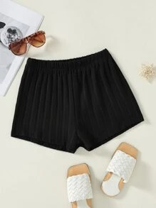 Girls Solid Elastic Waist Shorts - Black - View 1