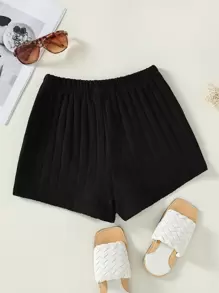 Girls Solid Elastic Waist Shorts - Black - View 2