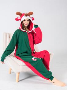Christmas Colour Block 3D Ear Design Hooded Sleep Jumpsuit - Multicolor - View 1