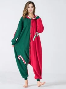 Christmas Colour Block 3D Ear Design Hooded Sleep Jumpsuit - Multicolor - View 4