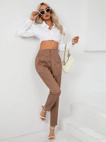 SHEIN BIZwear 格紋印花斜口袋西裝褲工作服 - 卡其色 - 查看 3