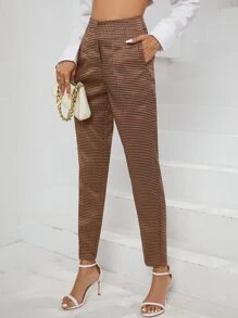 SHEIN BIZwear 格紋印花斜口袋西裝褲工作服 - 卡其色 - 查看 6