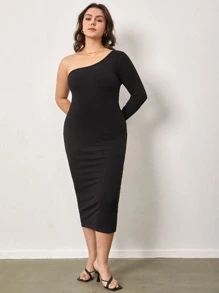 SHEIN BASICS Vestido Bodycon De Hombro Descubierto En Talla Grande - Negro - Ver 4