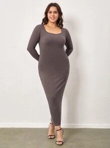 SHEIN BASICS Plus Scoop Neck Bodycon Dress - Mocha Brown - View 1