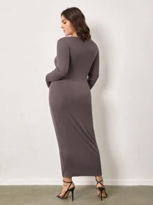 SHEIN BASICS Plus Scoop Neck Bodycon Dress - Mocha Brown - View 2