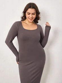 SHEIN BASICS Plus Scoop Neck Bodycon Dress - Mocha Brown - View 4