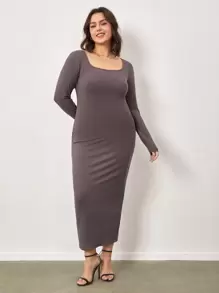 SHEIN BASICS Plus Scoop Neck Bodycon Dress - Mocha Brown - View 5