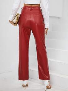 SHEIN BAE Straight Leg PU Leather Trousers - Burgundy - View 2