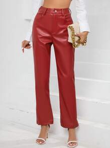SHEIN BAE Straight Leg PU Leather Trousers - Burgundy - View 5