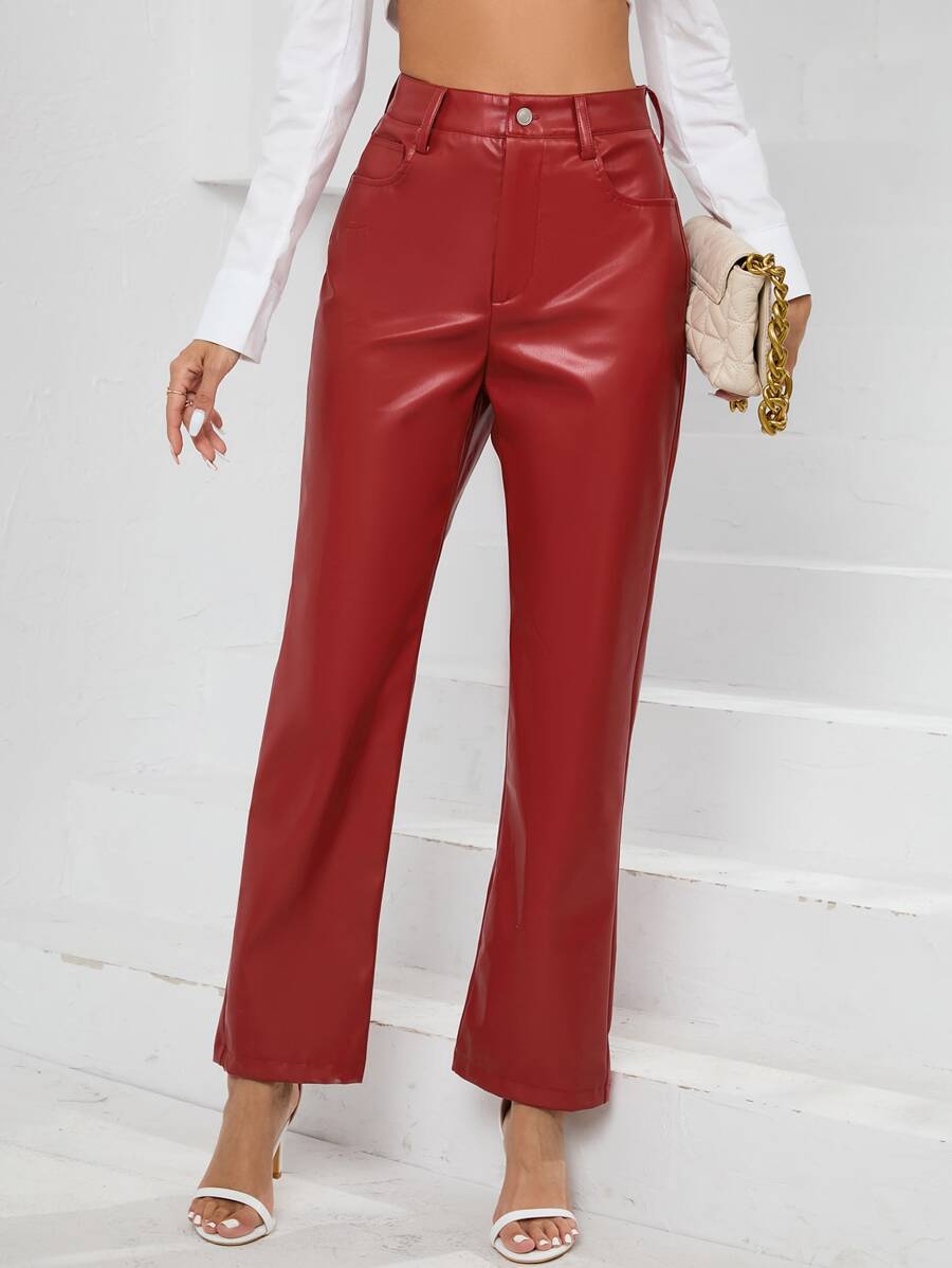 SHEIN BAE Straight Leg PU Leather Trousers - Burgundy - View 1