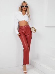 SHEIN BAE Straight Leg PU Leather Trousers - Burgundy - View 6