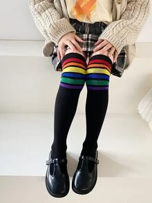 2雙小女童彩虹條紋圖案高筒襪 - 彩色 - 查看 7