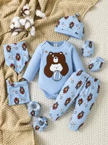 SHEIN Baby Bear Print Bodysuit & Trousers - Blue - View 1