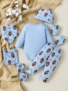 SHEIN Baby Bear Print Bodysuit & Trousers - Blue - View 2