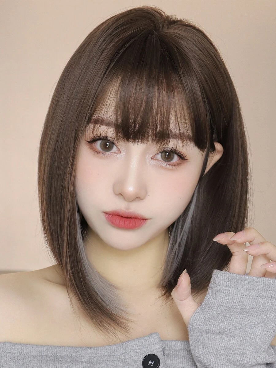 短直筒人造假髮帶劉海 - 拼色 - 查看 1