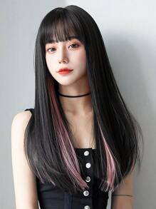 Pelucas sintéticas resistentes al calor cabello liso, pelucas con flequillo negro, marrón, destacados rosa de 22 pulgadas, pelucas elegantes asequibles de uso diario para mujer - Multicolor - Ver 1