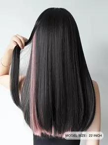 Pelucas sintéticas resistentes al calor cabello liso, pelucas con flequillo negro, marrón, destacados rosa de 22 pulgadas, pelucas elegantes asequibles de uso diario para mujer - Multicolor - Ver 4