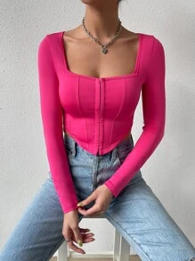 SHEIN PETITE Áo thun nữ Bất đối xứng màu trơn Giải trí - Màu Hồng Tươi - Xem 3