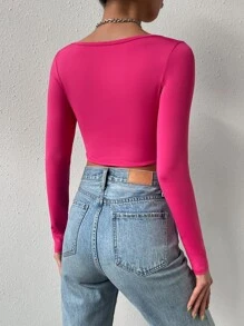 SHEIN PETITE Áo thun nữ Bất đối xứng màu trơn Giải trí - Màu Hồng Tươi - Xem 2