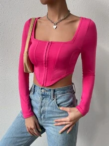 SHEIN PETITE Áo thun nữ Bất đối xứng màu trơn Giải trí - Màu Hồng Tươi - Xem 1
