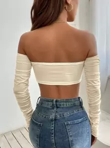 SHEIN PETITE Top Corto Con Escote Holgado Y Hombros Descubiertos Con Cintura Ajustable Con Cordón - Albaricoque - Ver 2