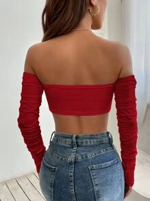 SHEIN PETITE Off Shoulder Drawstring Ruched Crop Top - Red - View 2