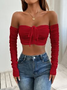 SHEIN PETITE Off Shoulder Drawstring Ruched Crop Top - Red - View 3